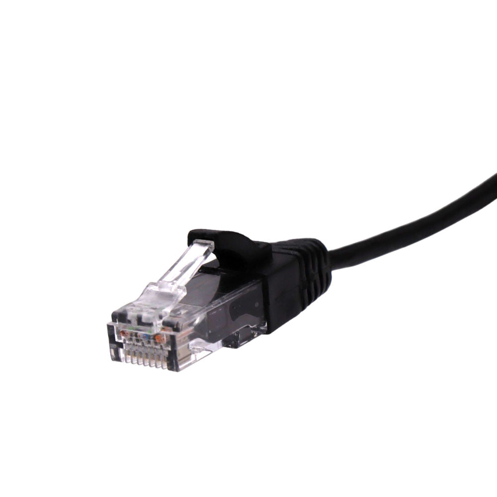 Macro view of RJ45 plug showing gold-plated contacts and latch