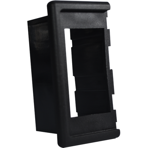 Side profile of a black rocker switch end mounting panel showing modular connection point