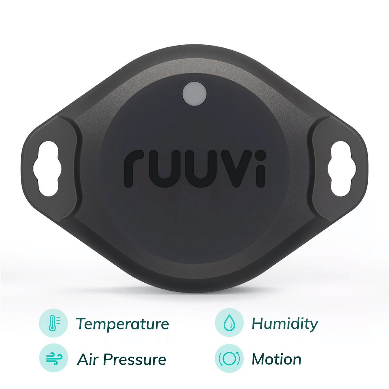 Front view of RuuviTag Pro sensor with icons indicating temperature, humidity, air pressure and motion sensing capabilities