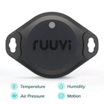 Front view of RuuviTag Pro sensor with icons indicating temperature, humidity, air pressure and motion sensing capabilities
