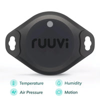 Front view of RuuviTag Pro sensor with icons indicating temperature, humidity, air pressure and motion sensing capabilities