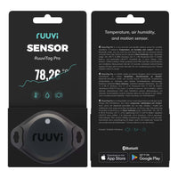Front and back view of RuuviTag Pro packaging card with key features and multilingual specifications