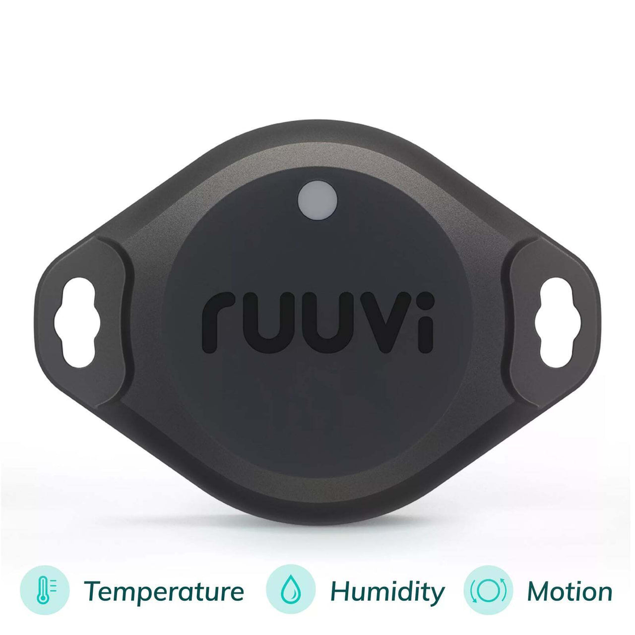 Front view of black oval RuuviTag Pro sensor with mounting ears and icons for temperature, humidity and motion