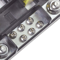 Close-up detail of the integrated negative bus bar with screw terminals