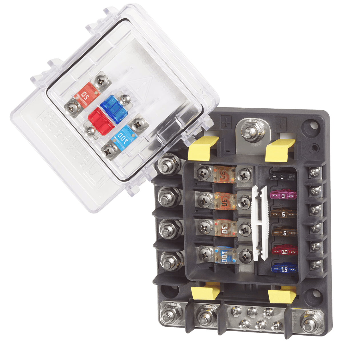 SafetyHub 150 with cover removed showing fuse layout for AMI and ATC fuses