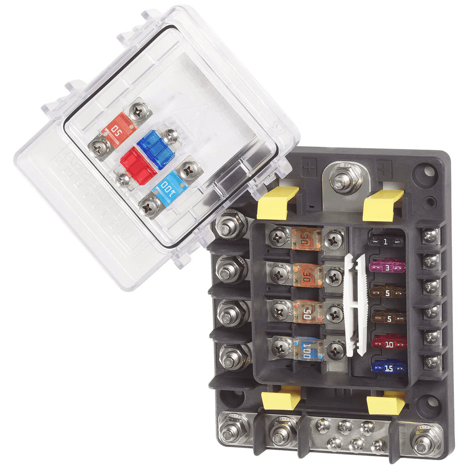 SafetyHub 150 with cover removed showing fuse layout for AMI and ATC fuses