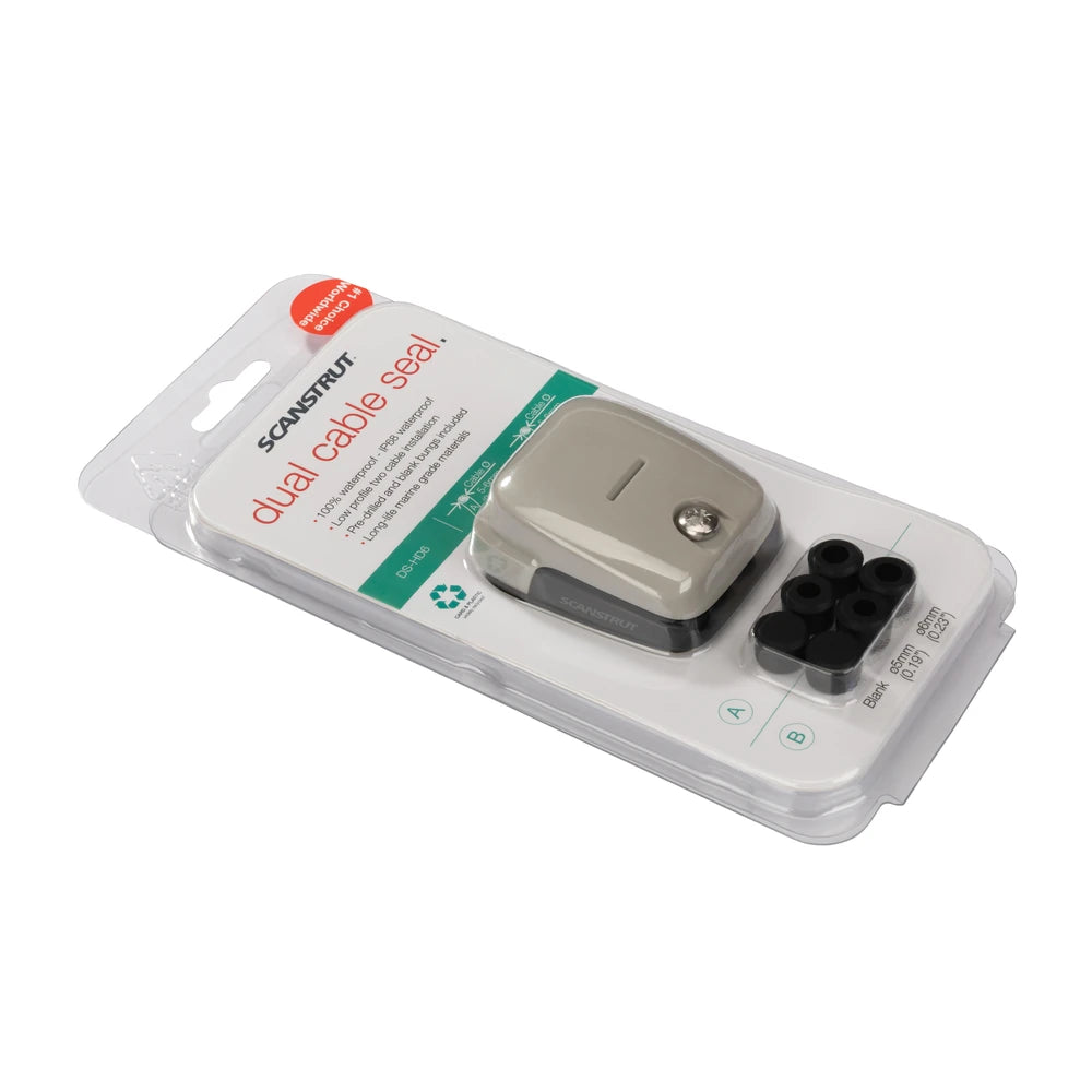 Perspective view of Scanstrut dual cable seal retail package showing included bungs