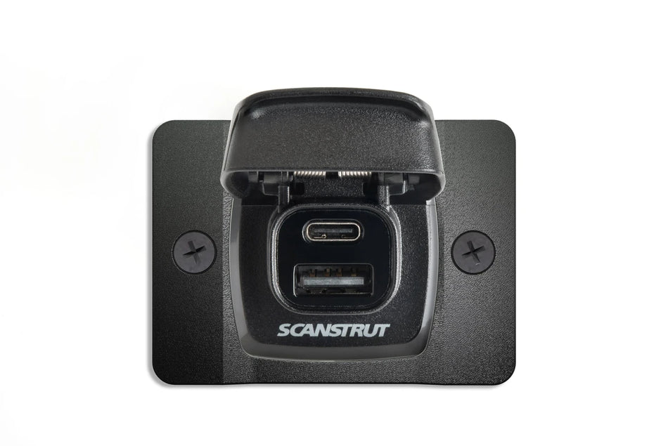 Front view of Scanstrut Flip Pro dual USB socket with open lid showing USB-C and USB-A ports