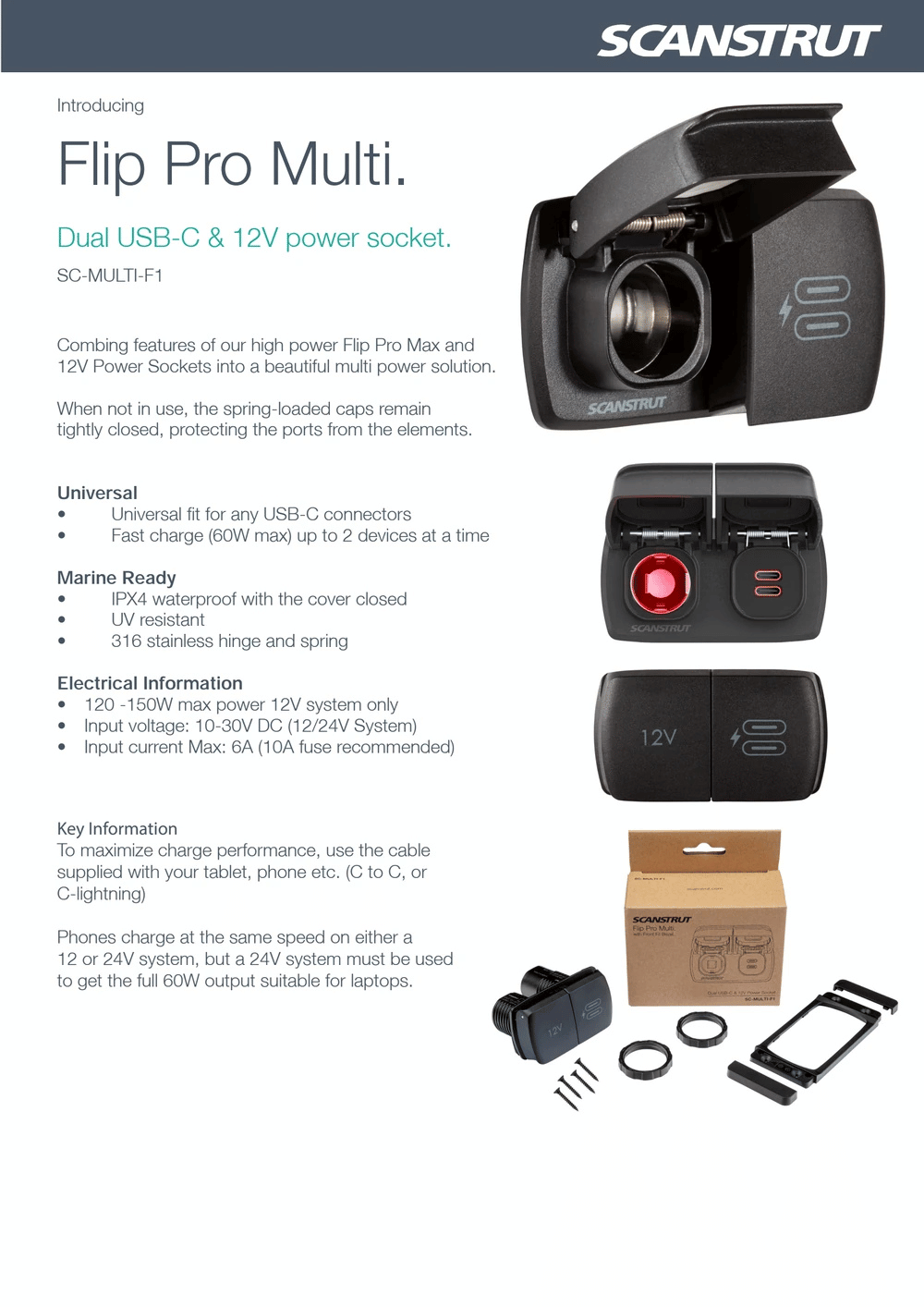 Product feature summary sheet for Flip Pro Multi dual USB-C and 12V socket