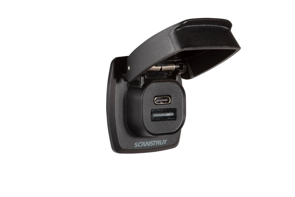Open Scanstrut Flip Pro Plus USB socket showing USB-A and USB-C ports