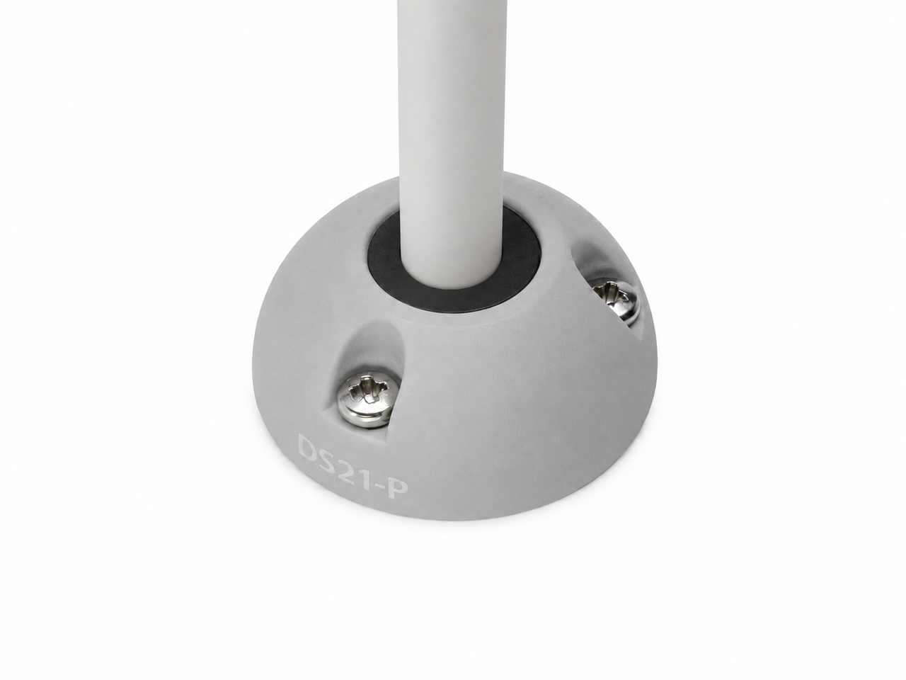 Grey vertical cable seal installed with white cable on a flat surface