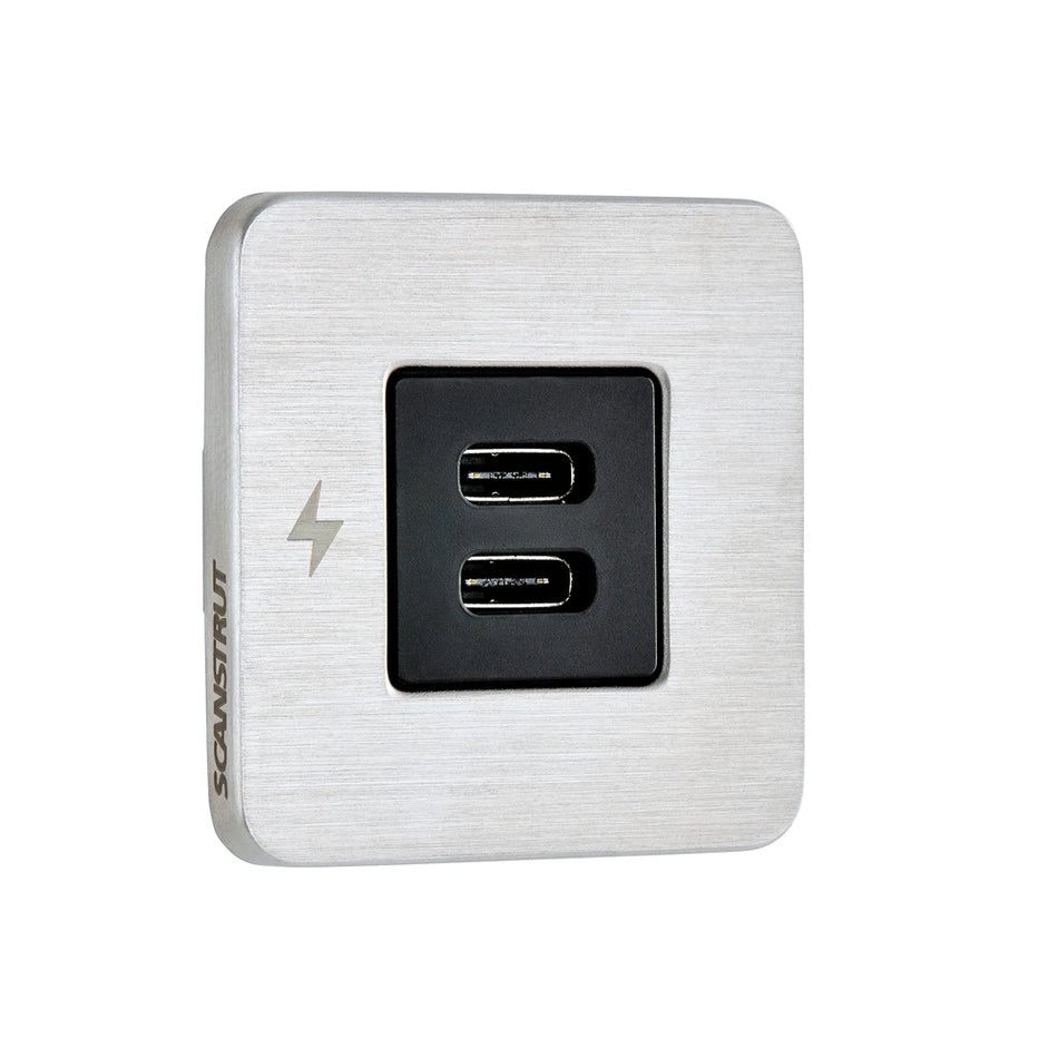 Render of Scanstrut TILE dual USB-C socket in brushed stainless steel