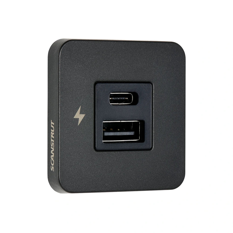 Three-quarter view of black Scanstrut TILE USB-A and USB-C socket