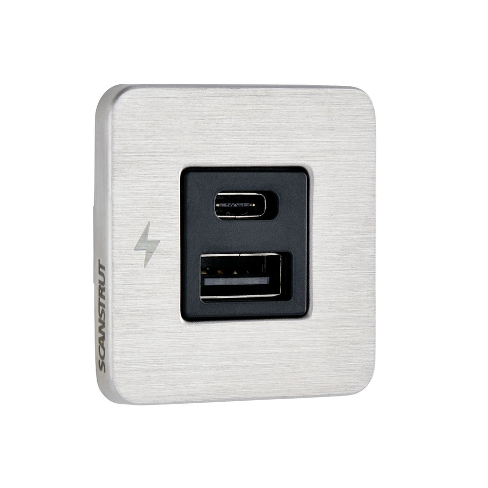 Angled view of square brushed stainless steel USB-A and USB-C charging socket