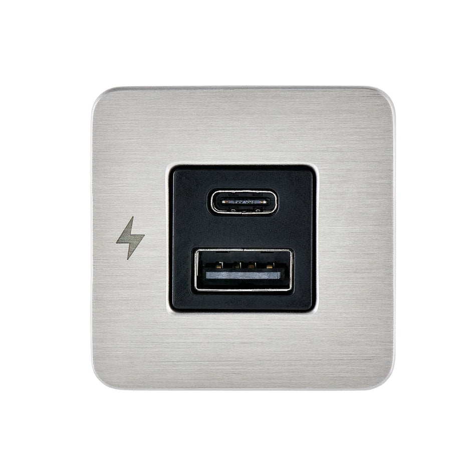 Front view of the Scanstrut TILE USB socket with brushed stainless faceplate