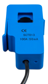 Close-up of SCT013 current transformer label showing 100A:50mA ratio and CE marking