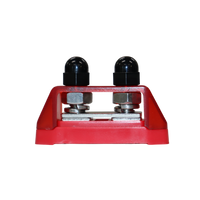 Side profile of red busbar showing stainless steel connection hardware