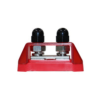 Side profile of red busbar showing stainless steel connection hardware