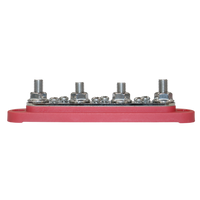 Side profile of red busbar showing the height of the four threaded studs and base thickness