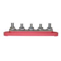 Side profile of red busbar showing M8 stud height and reinforced base