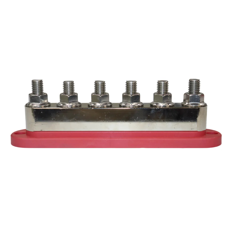 Side profile of 6-stud busbar without cover showing stud height and metal thickness
