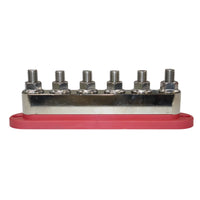 Side profile of 6-stud busbar without cover showing stud height and metal thickness