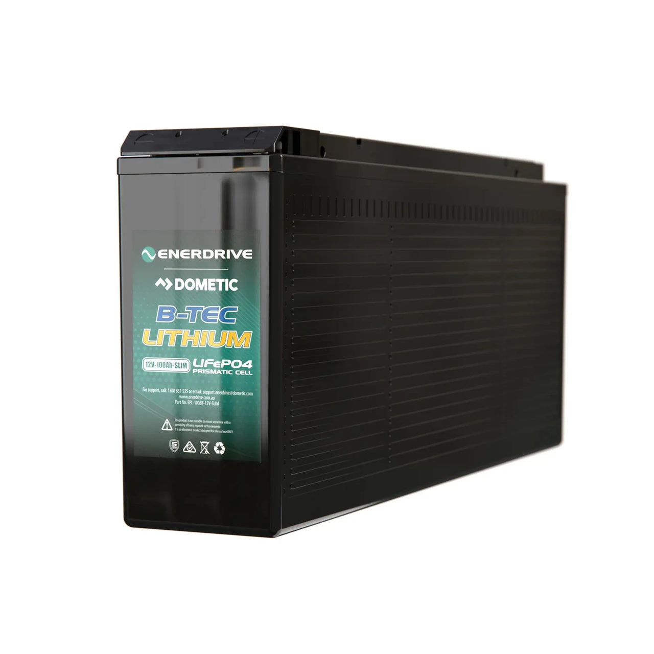 Three-quarter view of the slim 100Ah LiFePO4 battery showing its compact depth