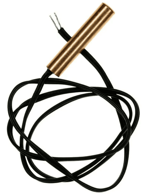 Temperature sensor with a cylindrical brass probe and 1 metre black cable with wire leads