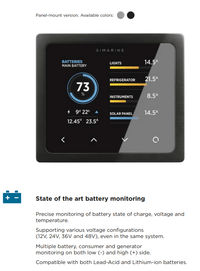 Simarine Pico panel-mount battery monitor in black with text describing battery monitoring features SI-PICO-2