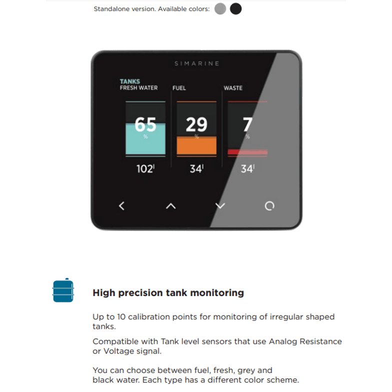 Simarine Pico standalone monitor displaying fluid levels for multiple tanks with percentage and volume SI-PICO-2