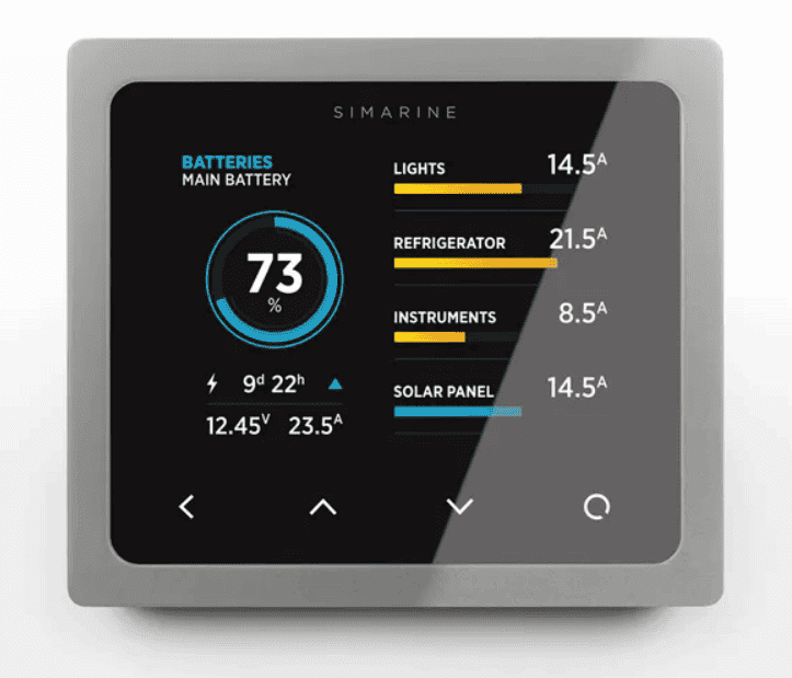 Simarine Pico battery monitor silver panel mount display showing state of charge and power consumption