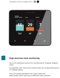 Simarine Pico tank monitoring display for fresh water, fuel, and waste levels with high precision