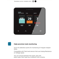 Simarine Pico standalone monitor with descriptive text about tank level monitoring features