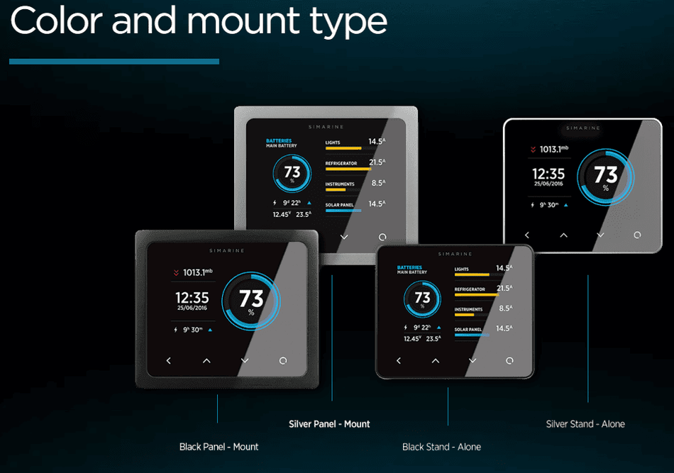 Four Simarine Pico monitors showing black and silver colour options and panel or standalone mounts