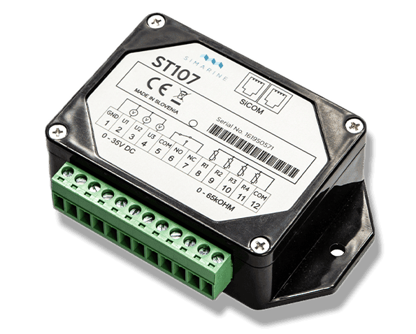 Perspective view of Simarine ST107 tank module with green terminal block and SICOM ports