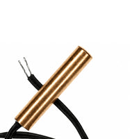 Cylindrical metallic temperature sensor probe with black cable and tinned wire ends