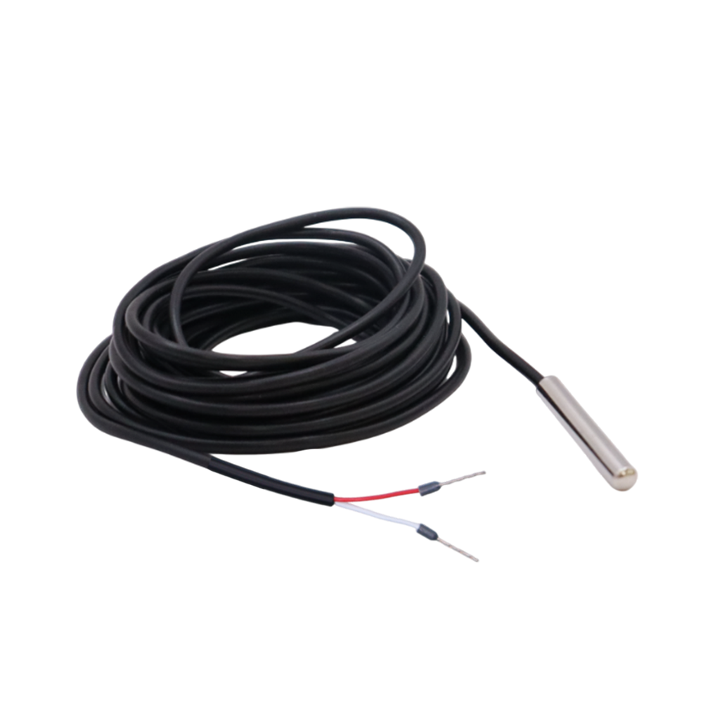 Single coiled temperature sensor with stainless steel probe and terminated wire ends