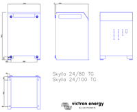 Technical dimensional drawing of Victron Skylla-TG battery charger showing front, side, and bottom views
