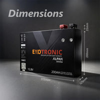 Exotronic 200Ah slimline lithium battery dimensions 515mm x 125mm x 330mm with M8 terminals