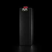 Narrow side profile of slim lithium battery showing vertical orientation and metal construction