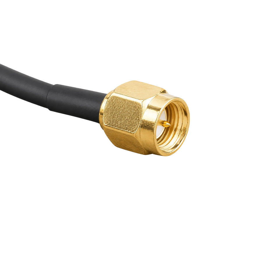 Close-up of a gold-plated SMA male connector on a black RG-316 coaxial cable