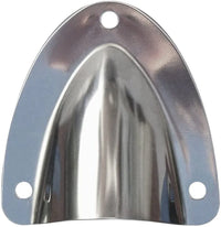 Front view of small stainless steel clamshell cable entry showing arched cable exit