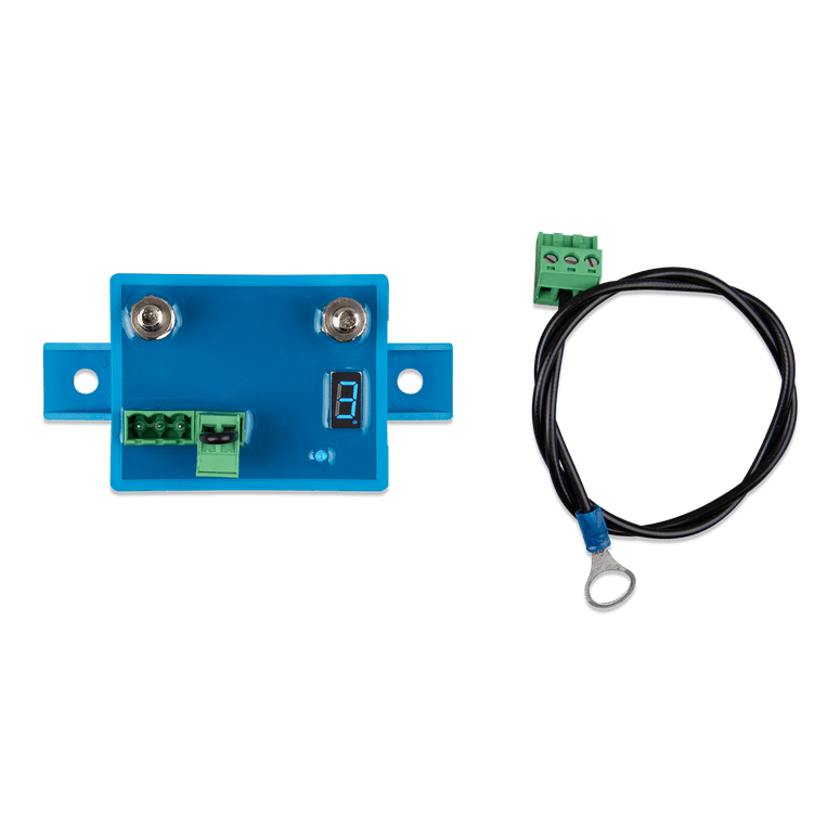 Top view of the 65A Smart BatteryProtect alongside its included grounding cable