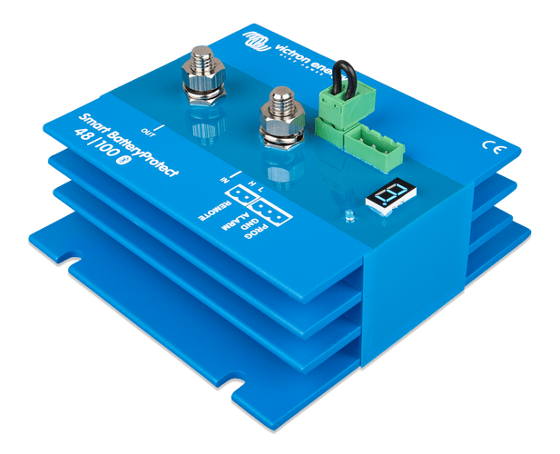 Top-right angled view of Smart BatteryProtect 48V 100A with terminal studs