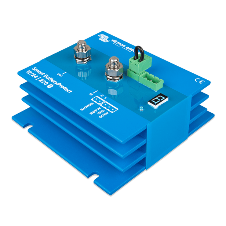 Perspective view of Victron 220A BatteryProtect showing terminal arrangement and programming display