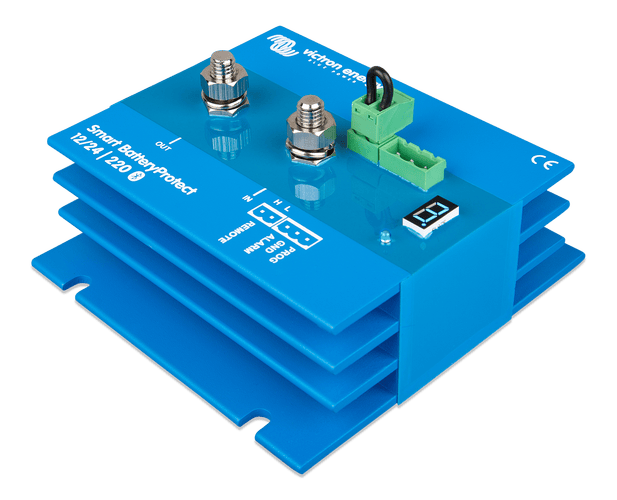Perspective view of Victron 220A BatteryProtect showing terminal arrangement and programming display