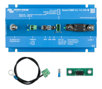 Top-down view of the Smart BMS unit with included terminal cables and fuse accessories