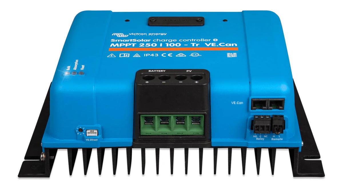 Front view of the SmartSolar controller connection area highlighting the terminal layout