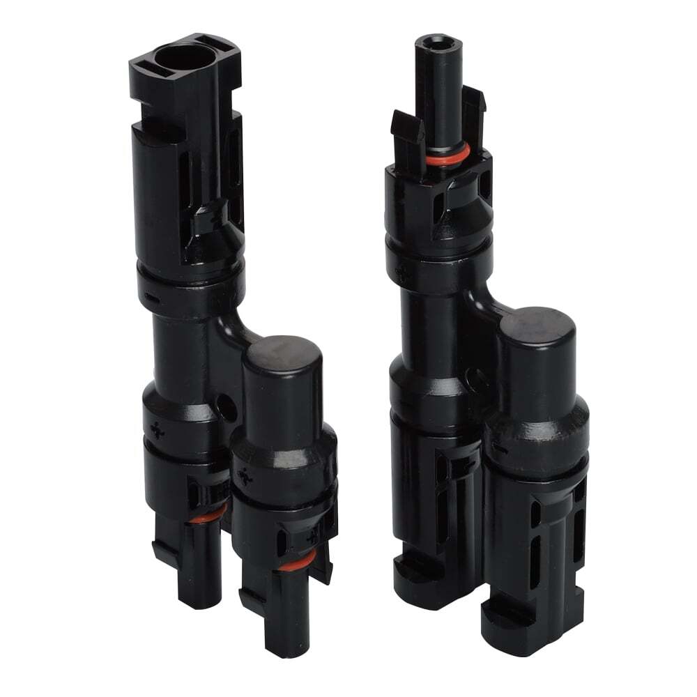 Pair of 2-to-1 solar branch connectors in h-style configuration for parallel wiring