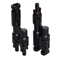 Pair of 2-to-1 solar branch connectors in h-style configuration for parallel wiring